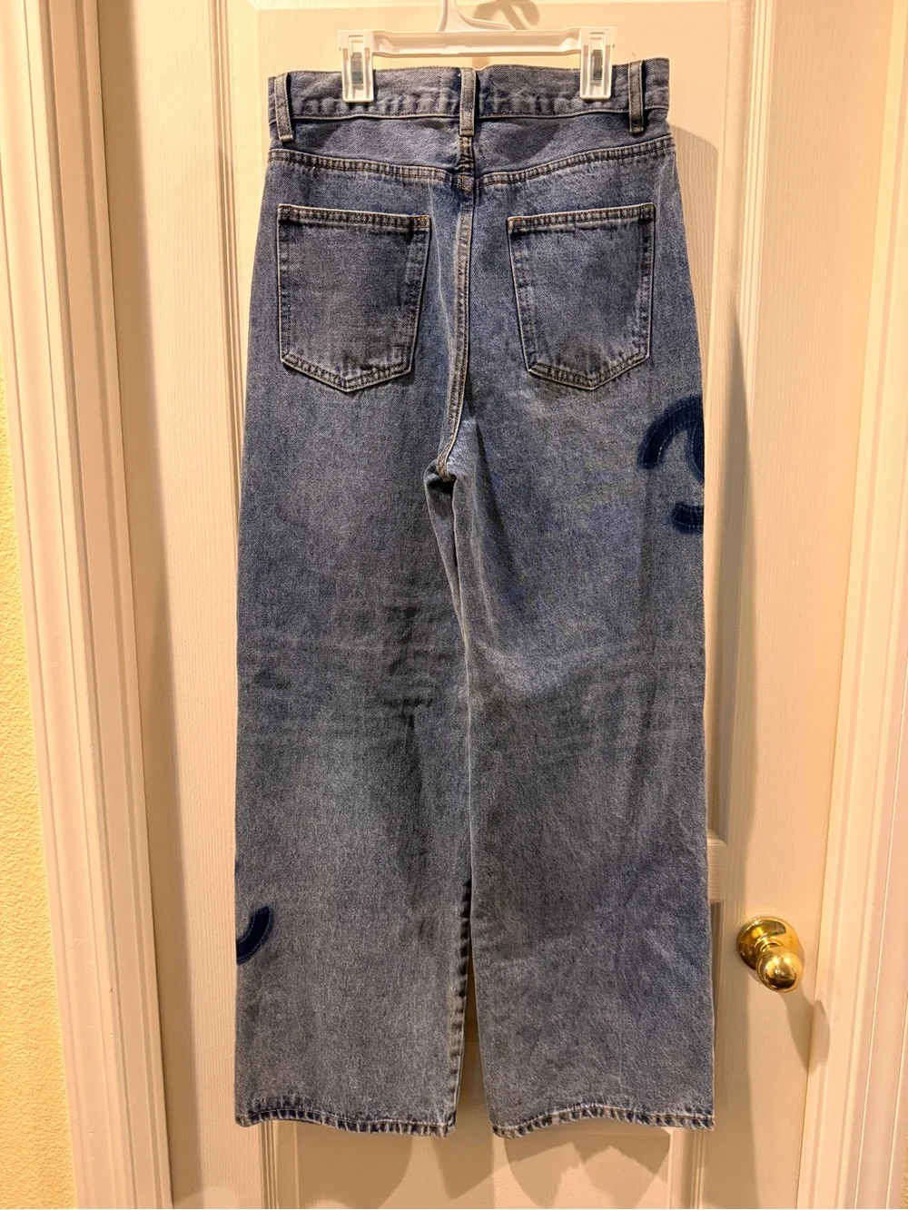 CHANEL Blue Denim Flare Jeans with Logo Motif